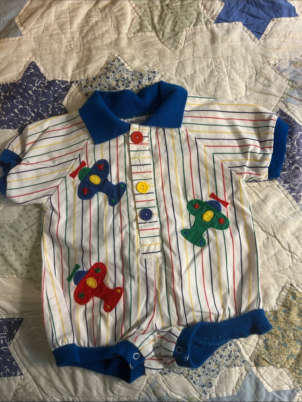 Vintage Samara Kids Striped Polo Romper with Airplane Appliqués - White & Blue